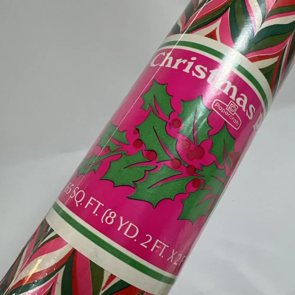 Vintage Roll Gift Wrap Christmas Paper Papercraft Pink Green Mod SEALED Wrapping